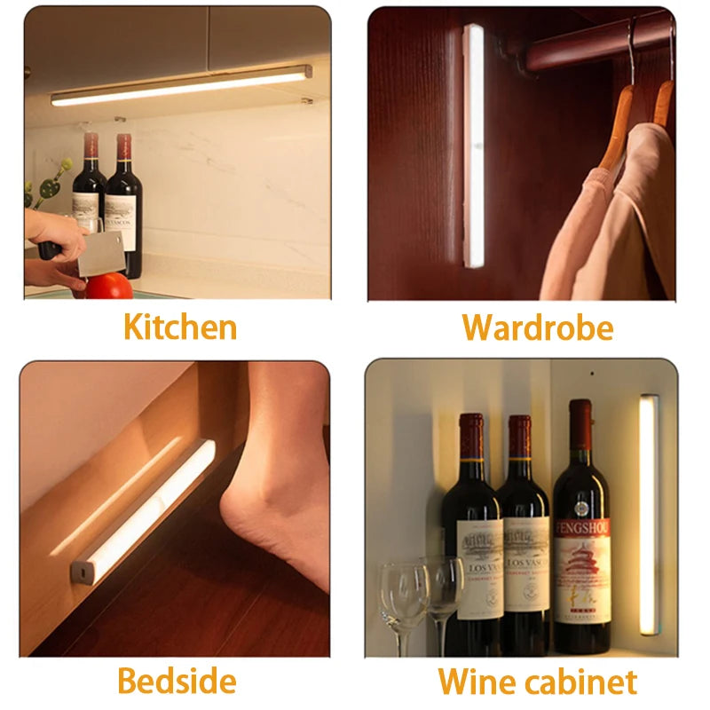 Motion Sensor LED Night Light – Wireless Rechargeable Under Cabinet Light with Type-C Charging for Kitchen, Wardrobe, Closet & Staircase