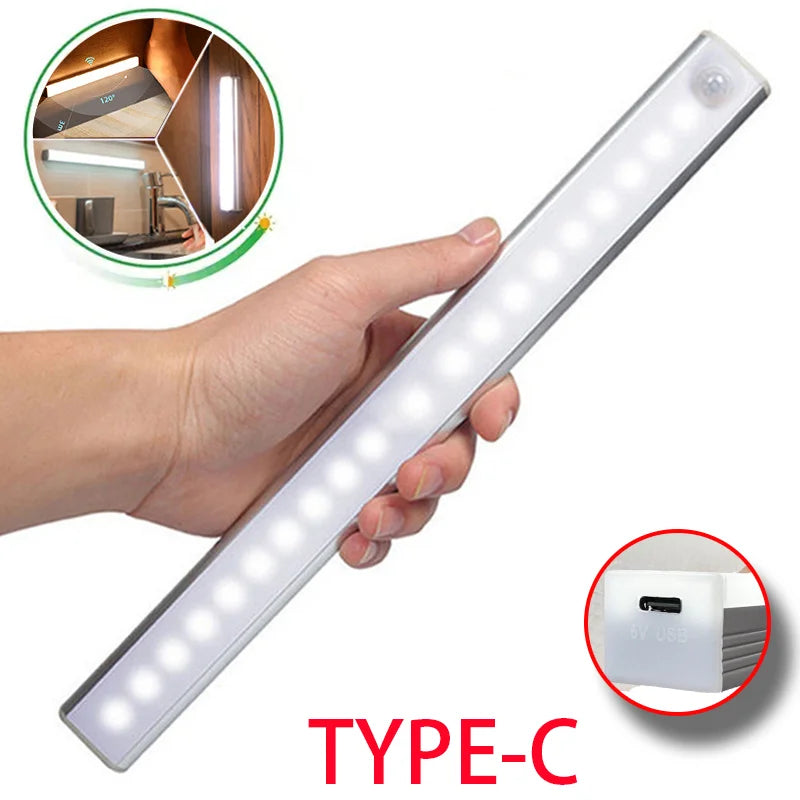 Motion Sensor LED Night Light – Wireless Rechargeable Under Cabinet Light with Type-C Charging for Kitchen, Wardrobe, Closet & Staircase