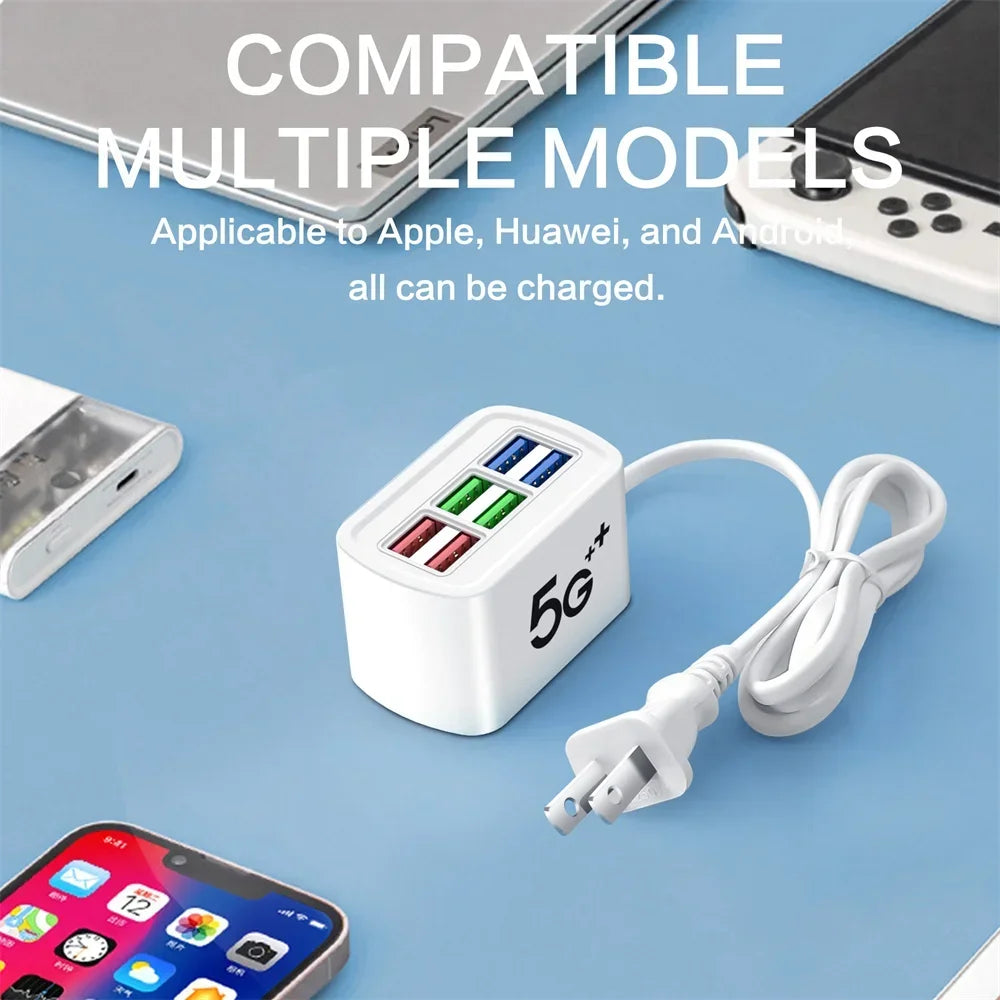 6-Port Fast USB Charging Station – Multi USB Hub Power Strip with 1m Braided Cord, Desktop Charging Hub for iPhone, Samsung & Tablets
