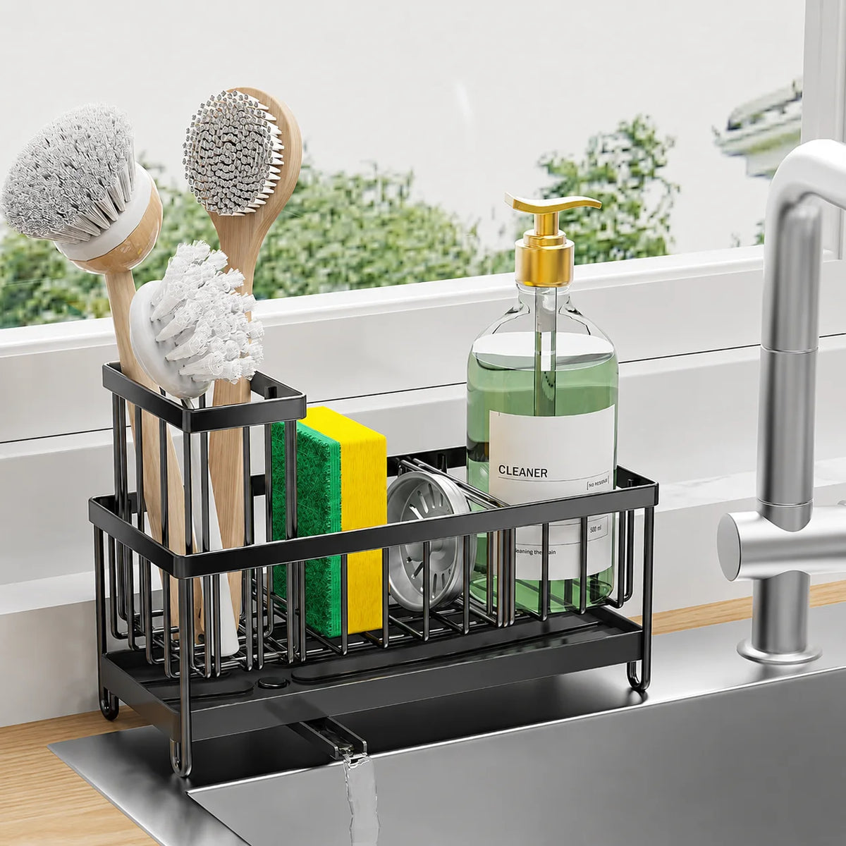 Stylish Black Metal Kitchen Sink Caddy – No-Drill Countertop Organizer for Sponges, Brushes & Soap with Built-in Drip Tray