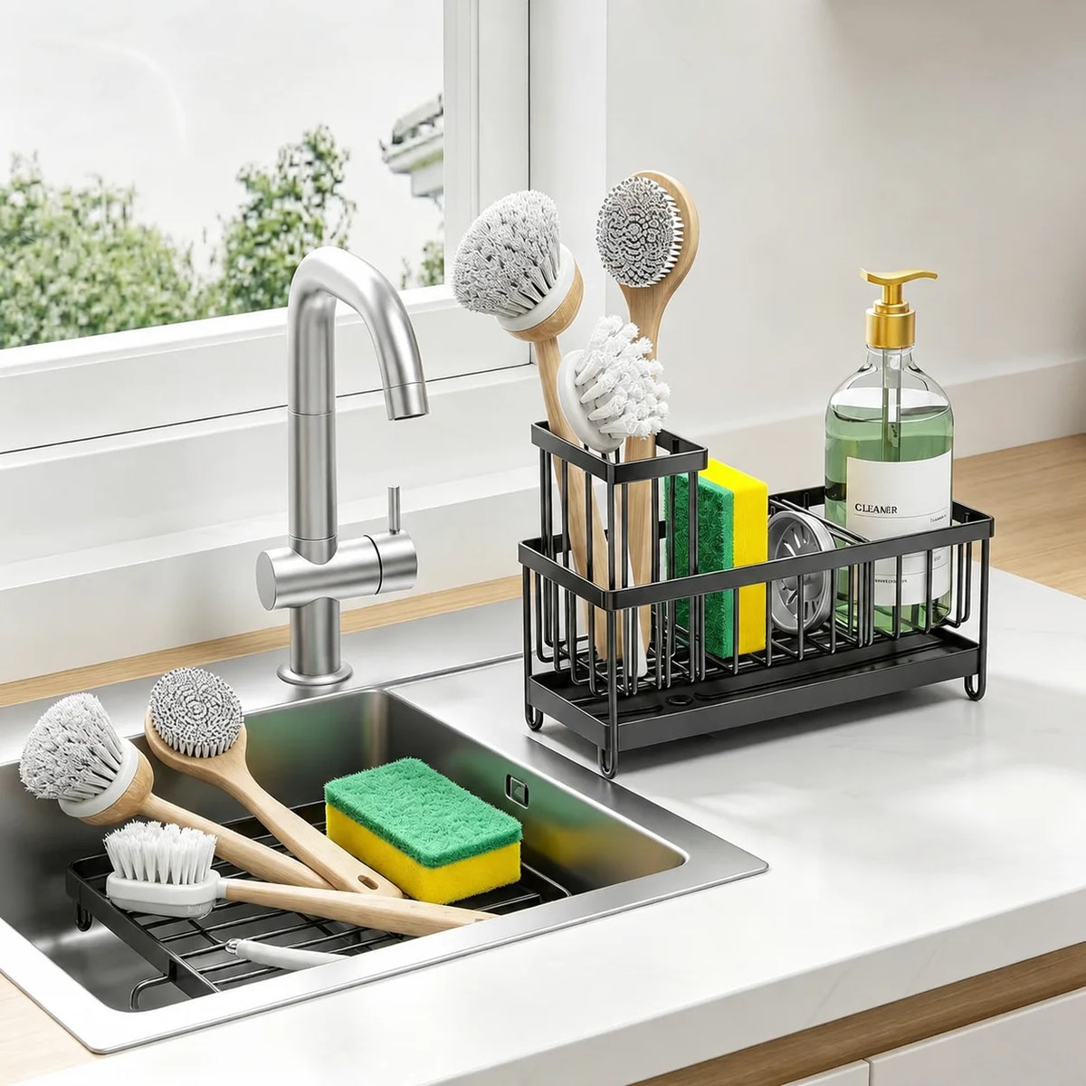 Stylish Black Metal Kitchen Sink Caddy – No-Drill Countertop Organizer for Sponges, Brushes & Soap with Built-in Drip Tray