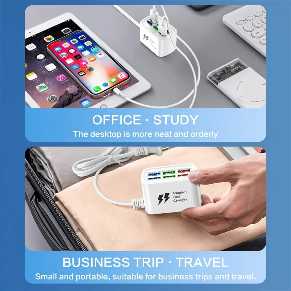 6-Port Fast USB Charging Station – Multi USB Hub Power Strip with 1m Braided Cord, Desktop Charging Hub for iPhone, Samsung & Tablets